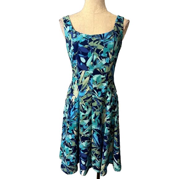 connected apparel Dresses & Skirts - Connected Dress Blue Green 12 A Line Scoop Flowy Sleeveless Tropical Washable